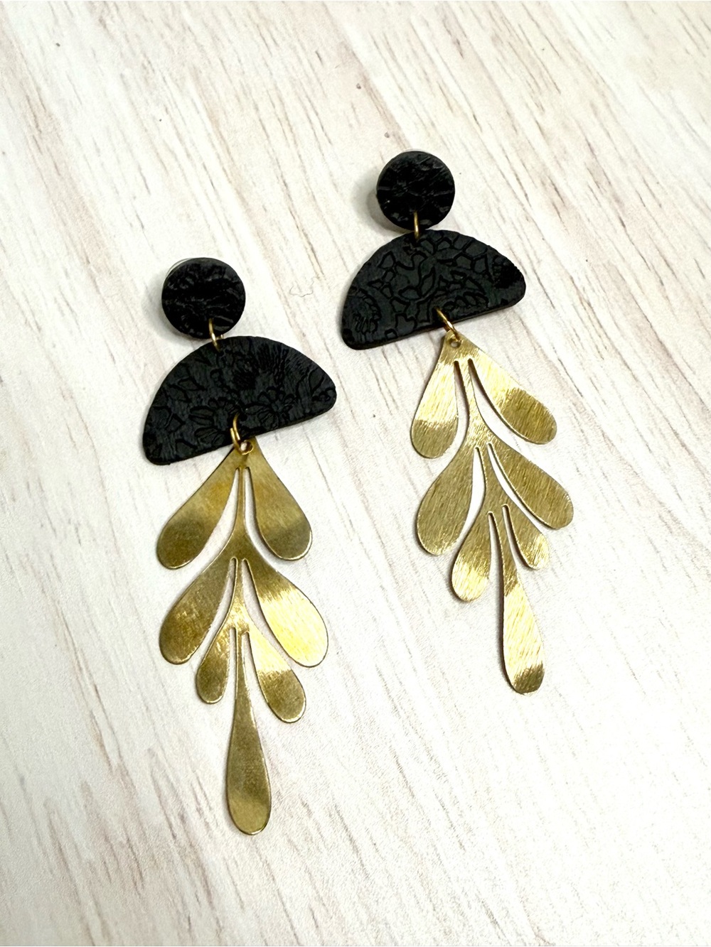 Handcrafted Black and Gold Leaf Drop Earrings